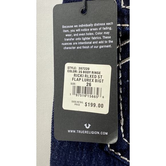 TRUE RELIGION Women's Blue Denim Ricki Relaxed Straight Big T Jean SZ 26 - Picture 12 of 12